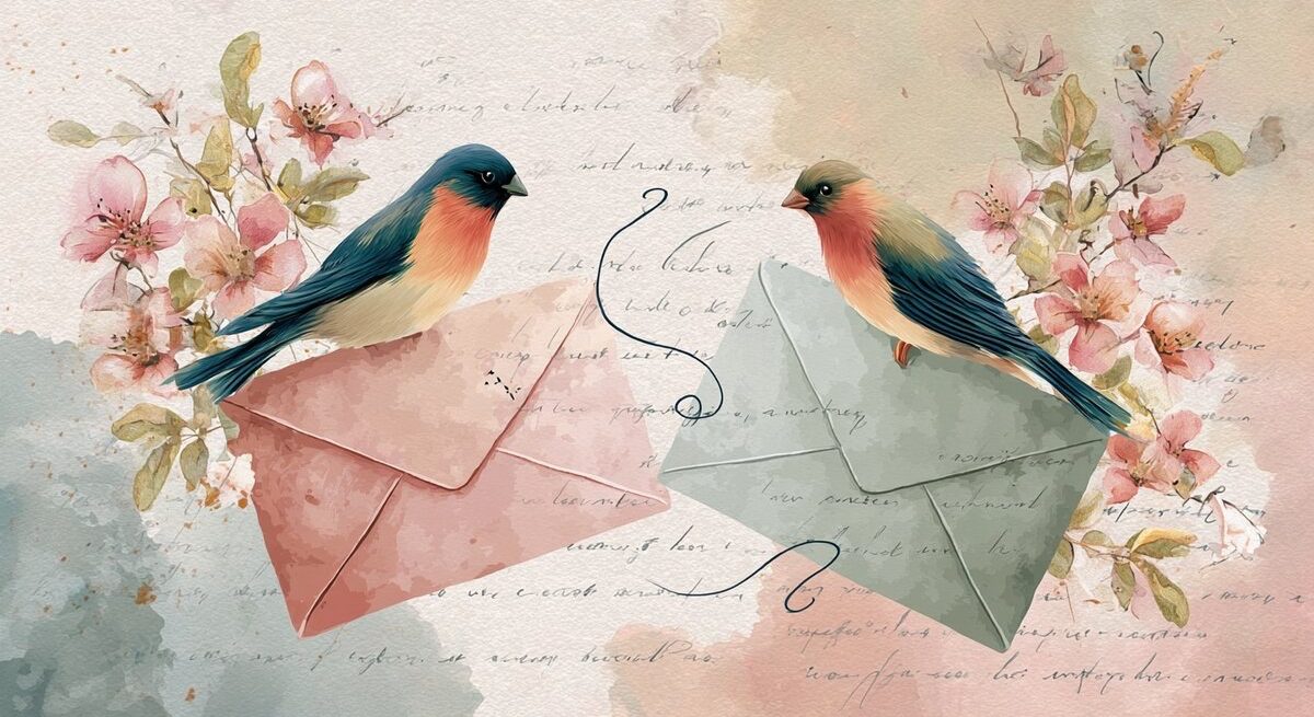 Two birds perched on a blush and a sage envelope, facing one another across a loop of ink.