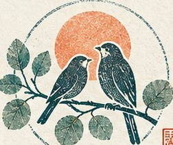 Two dark birds perched together on a branch beneath a peach-colored sun, inside a thin circle.